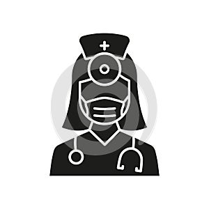 Otolaryngologist Doctor Silhouette Icon. Otolaryngology Medic Staff with Stethoscope, Mirror Glyph Black Pictogram. Ear