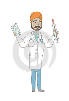 Otolaryngologist holding thermometer and pills.