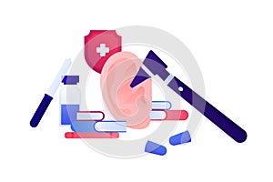 Otolaryngology consultation and deaf study concept. Vector flat medical illustration. Ear, otoscope, lab equipment, books and red