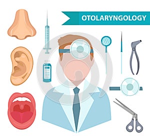 .Otolaryngology icon set, flat style. Doctor treating ear, throat, nose. ENT collection of design elements, isolated on