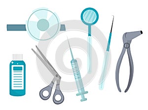 Otolaryngology tools icons, flat style. ENT equipment, isolated on white background. Medicine concept. Vector