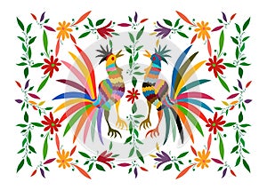 Otomi Style, Ethnic Mexican tapestry with embroidery floral and roosters jungle animals hand-made. Naive print folk decorations