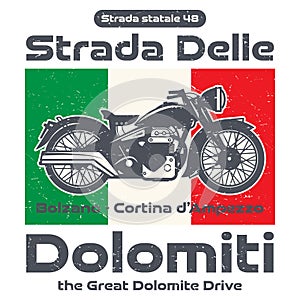 Otorcycle poster with road name - Strada Delle Dolomiti, Italy photo