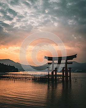 The Otorii gate at Miyajima, Japan during sunset.