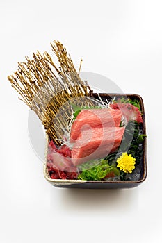 Otoro  sashimi Slice in black bowl Japanese style on white background