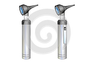 An otoscope or auriscope is a medical device which is used to look into the ears. Realistic vector illustration of