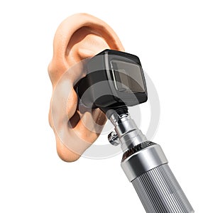 Otoscope with human ear, 3D rendering