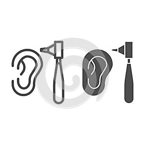 Otoscope and human ear line and solid icon, medical concept, Examination by otolaryngologist sign on white background