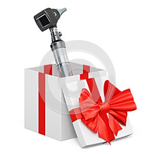 Otoscope inside gift box, present concept. 3D rendering