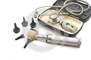 Otoscope and Opthalmoscope set for ear eye examination with stethoscope