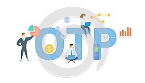 OTP, One Time Password. Concept with keyword, people and icons. Flat vector illustration. Isolated on white.
