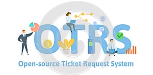 OTRS, Open-Source Ticket Request System. Concept with people, keywords and icons. Flat vector illustration. Isolated on