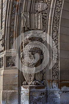 Ottawa CANADA - February 17, 2019: Architecture Details and heraldic insignia on Federal Parliament Building of Canada in Ottawa,