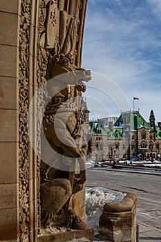 Ottawa CANADA - February 17, 2019: Architecture Details and heraldic insignia on Federal Parliament Building of Canada in Ottawa,