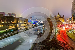 Ottawa downtown after snowstorm at night.
