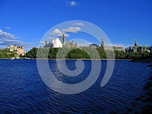 Ottawa River, Parliament Hill, and Chateau Laurier from Canadian Museum of History in Hull, Quebec, Ontario, Canada