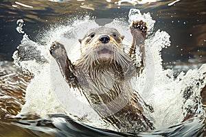 otter diving into stream, headfirst and paws in the air