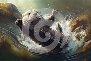 otter diving into stream, headfirst and paws in the air