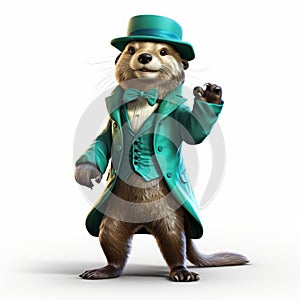 Anthropomorphic Otter In Green Suit: Hiperrealistic Cartoon 3d Render photo