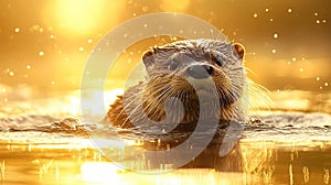 otter in river eden morning mist in england