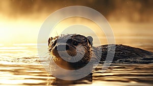 otter in river eden morning mist in england
