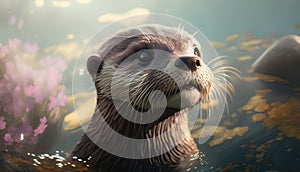 Otter swimming in the water. 3d render illustration.