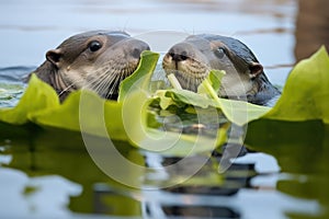 otters munching on water plants