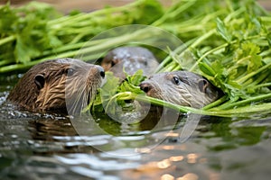 otters munching on water plants
