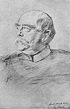 The Otto von Bismarck`s portrait by a painter Franz von Lenbach in the old book the History of Painting, by R. Muter, 1887, St.