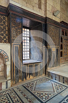 Ottoman historic house of Moustafa Gaafar, Darb Al Asfar District, Cairo, Egypt with decorated wooden wall and marble floor photo