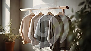 Ð¡otton tops sweatshirts in natural tones on wooden shelf in bright room. Generative AI