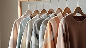 Ð¡otton tops sweatshirts in natural tones on wooden shelf in bright room. Generative AI