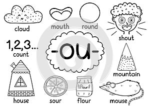 Ou digraph spelling rule black and white activity page for kids with words