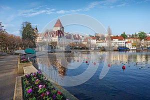 Ouchy Promenade and Chateau dOuchy at Lake Geneva - Lausanne, Switzerland