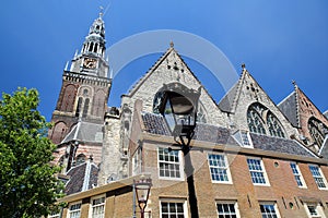 Oude kerk church, located along Oudezijds Voorburgwal canal in Amsterdam