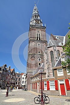 Oude kerk church, located along Oudezijds Voorburgwal canal in Amsterdam