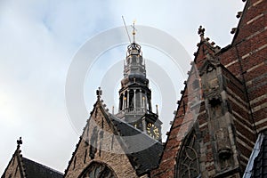 The Oude Kerk, Old Church, Detail of the facade, the oldest currently standing building in Amsterdam, Amsterdam, Netherlands