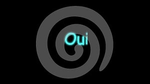 Oui. Yes in French phrase neon outline. Modern luminous text, light. Isolated word on black background, lettering