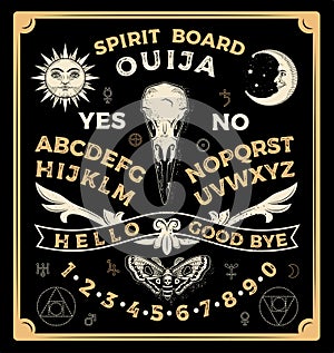 Ouija Board With Crow Skull. Occultism Set. Vector Illustration. photo