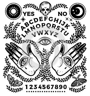 Ouija Board with hands with eyes. Vector Illustration. photo