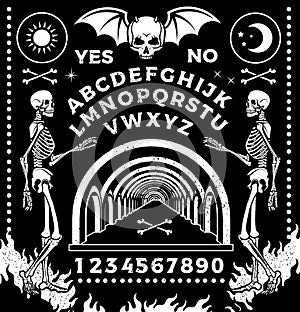 Ouija Board With Skeletons. Occultism Set. Vector Illustration. photo