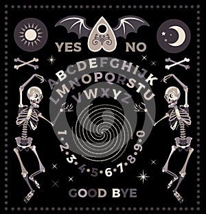 Ouija Board With Skeletons. Occultism Set. Vector Illustration.