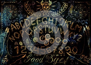 Ouija magic spiritual board design with evil face, letters and hands on grunge texture background photo