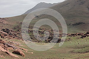 Oukaimeden mountains and green plains in the fall, Morocco