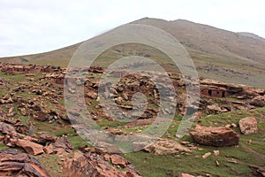 Oukaimeden, shepherds\' huts among mountains and green plains in autumn, Morocco