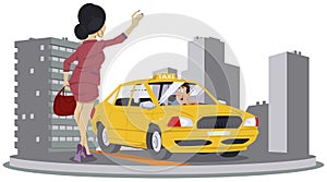 Oung woman catching car on city street. Illustration for internet and mobile website