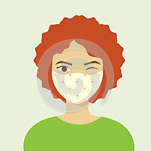 Oung woman wearing home made hygienic face medical mask to prevent infection