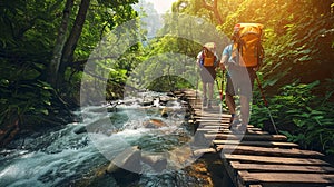 ?ouple of trekkers cross the wooden bridge through the river in the forest
