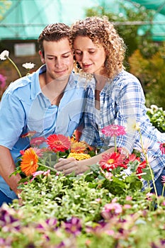 Our gardens going to look so pretty. A happy couple choosing flowers in a nursary.