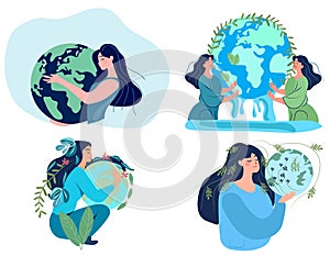 Our home planet symbolized as an eco friendly and sustainable globe in a miniature human context. Female character